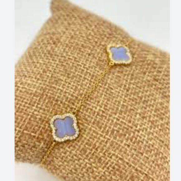 Rachel Zoe Gold Plated 925 Ster Silver Bracelet Pave 3 Blue Clover - Picture 3 of 14